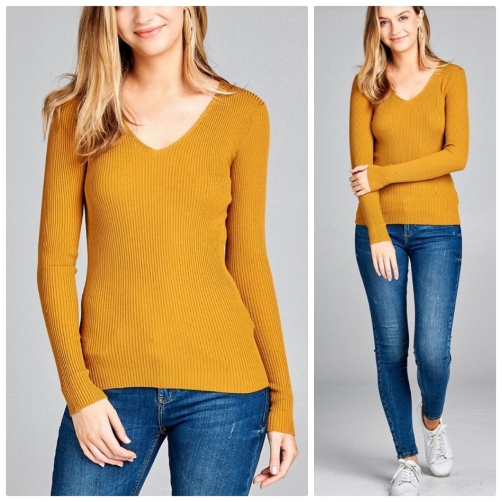 Mustard Yellow V-Neck Ribbed Sweater
